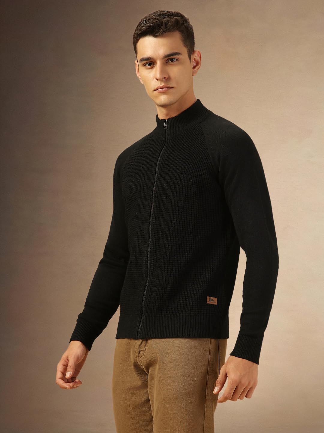 Dennis Lingo Men Regular-Fit Acrylic Solid Full Sleeves Stand Collar Front Open Sweater Black
