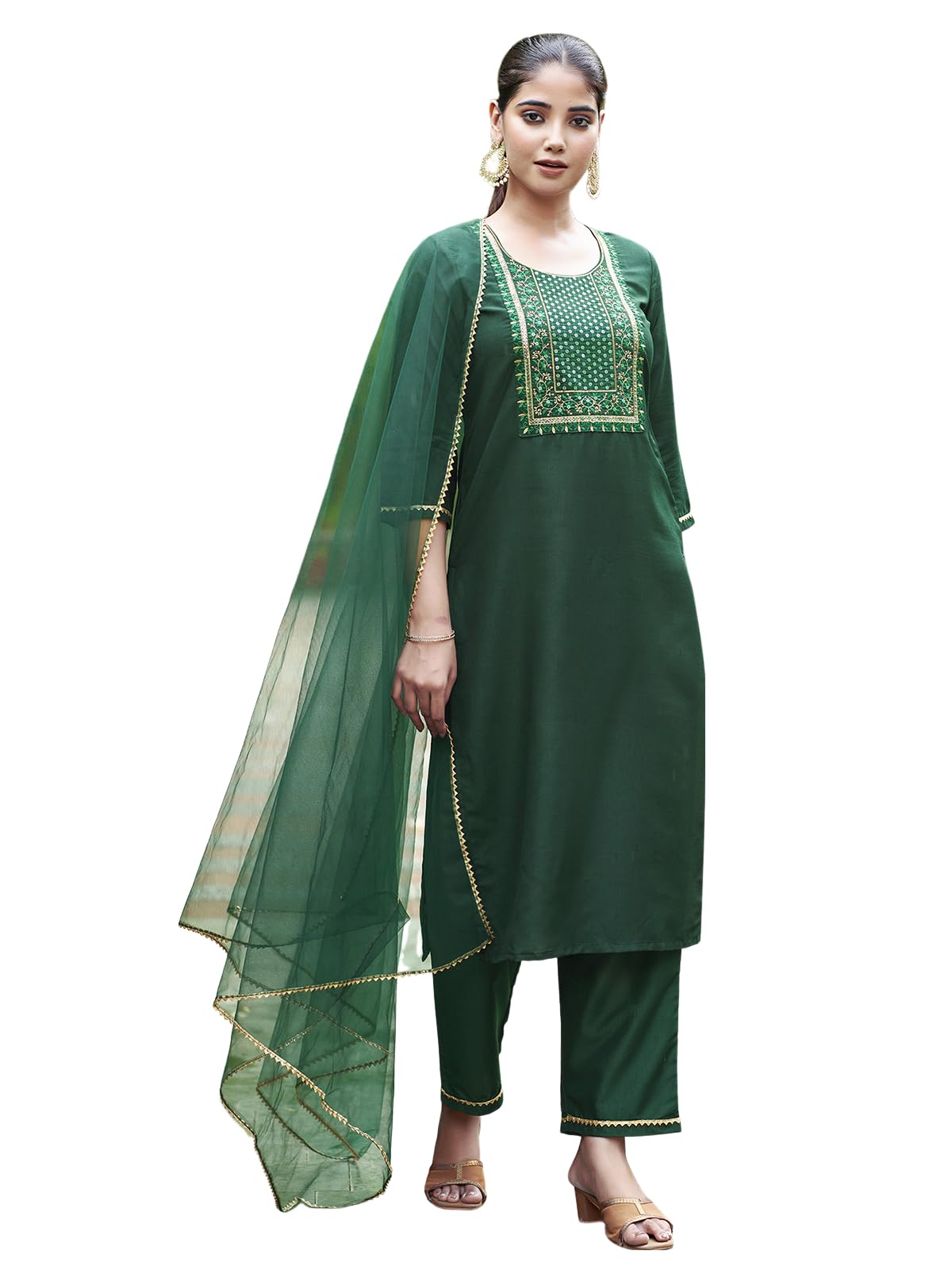 Sanisa Womens Chinnon Sequence Embroidery Straight Kurta with Pant and Dupatta Set