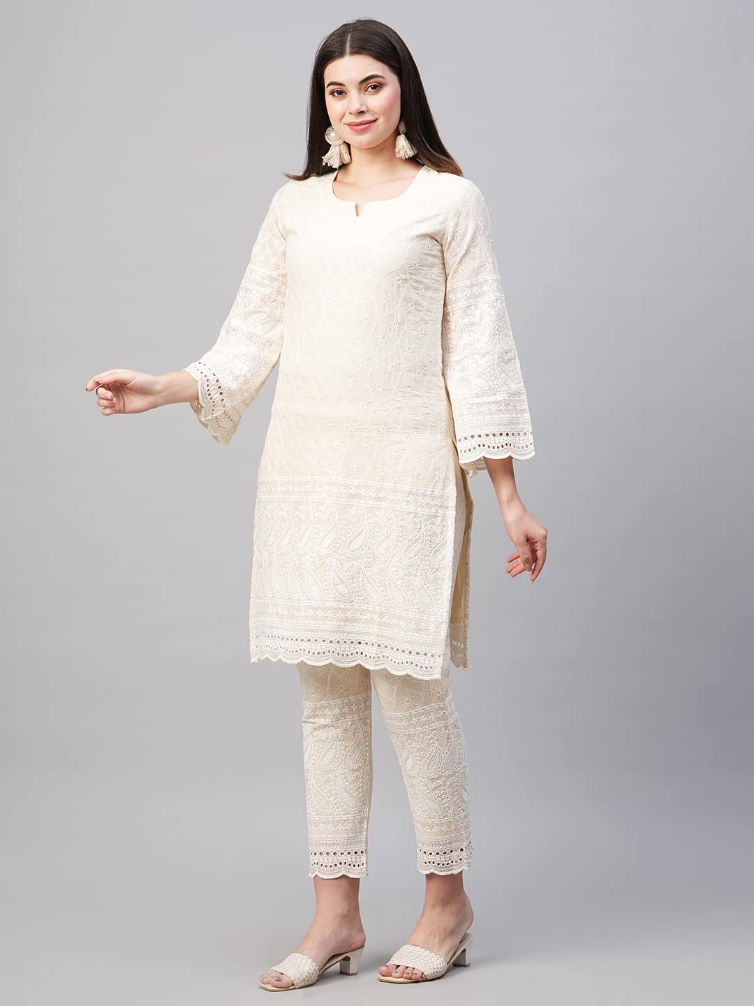 GoSriKi Women's Pure Cotton Chikankari Embroidered Straight Kurta with Pant (Mavak Cream01-GS)