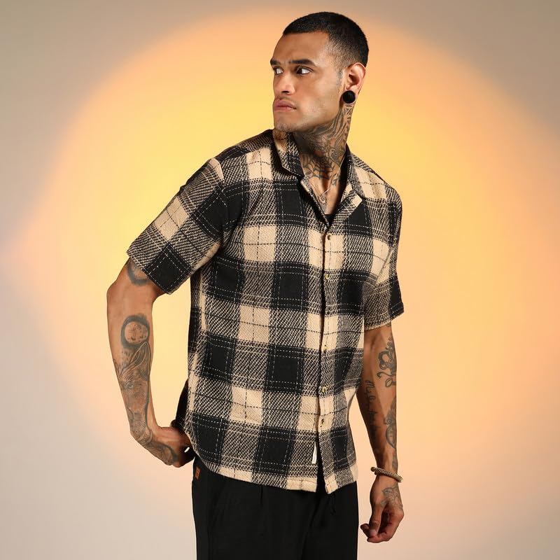 Campus Sutra Mens Black & Beige Tartan Resort Oversized Shirt for Casual Wear | Cuban Collar | Short Sleeve | Button Closure |