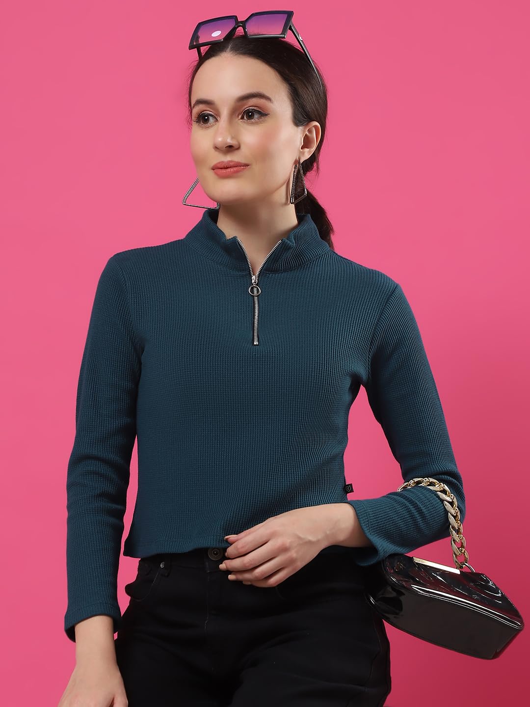 Rigo Waffle Knit Top for Women | High Collar Zipper Top for Women | Long Sleeves, Western Crop Tops for Women | Stylish Top for
