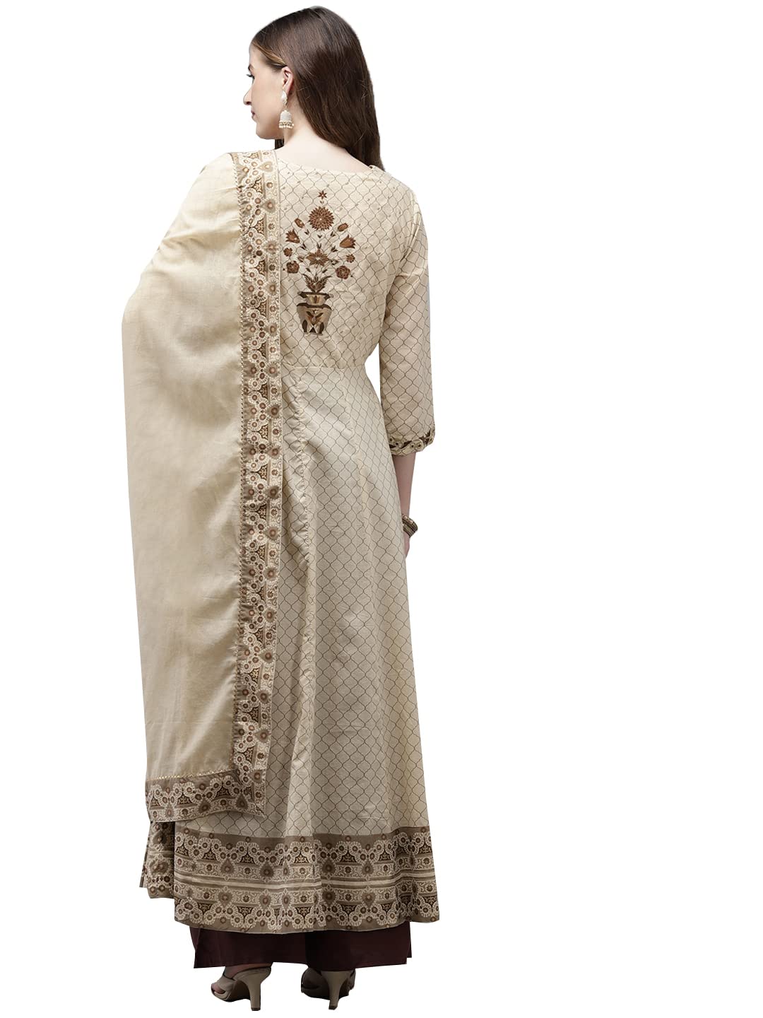 ishin Women's Cotton Anarkali Embroidered Thread Work Floral Print Beige Kurti with Dupatta