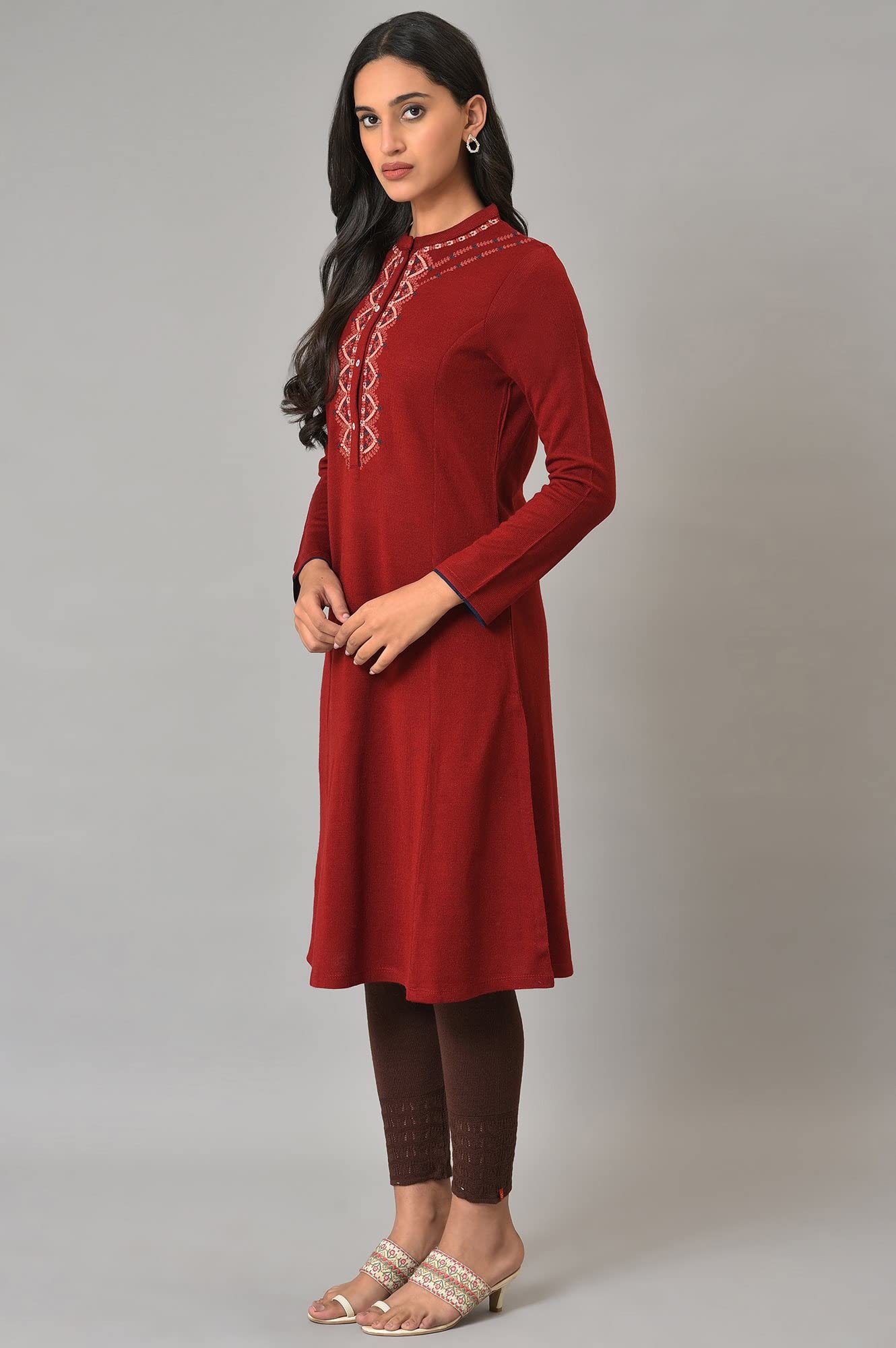 W for Woman Red A-line Embroidered Winter Kurta