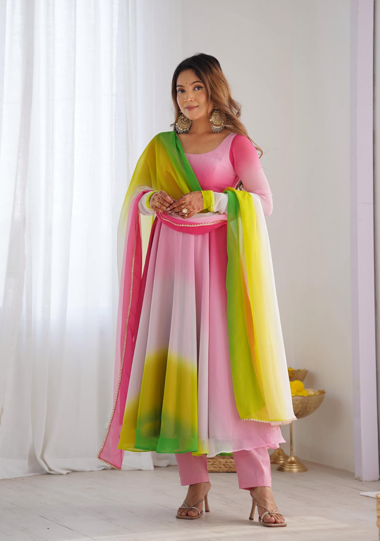 GoSriKi Georgette Anarkali Kurta with Trousers & Dupatta, Size 36, Pink, Model SADE-CLRS-GS