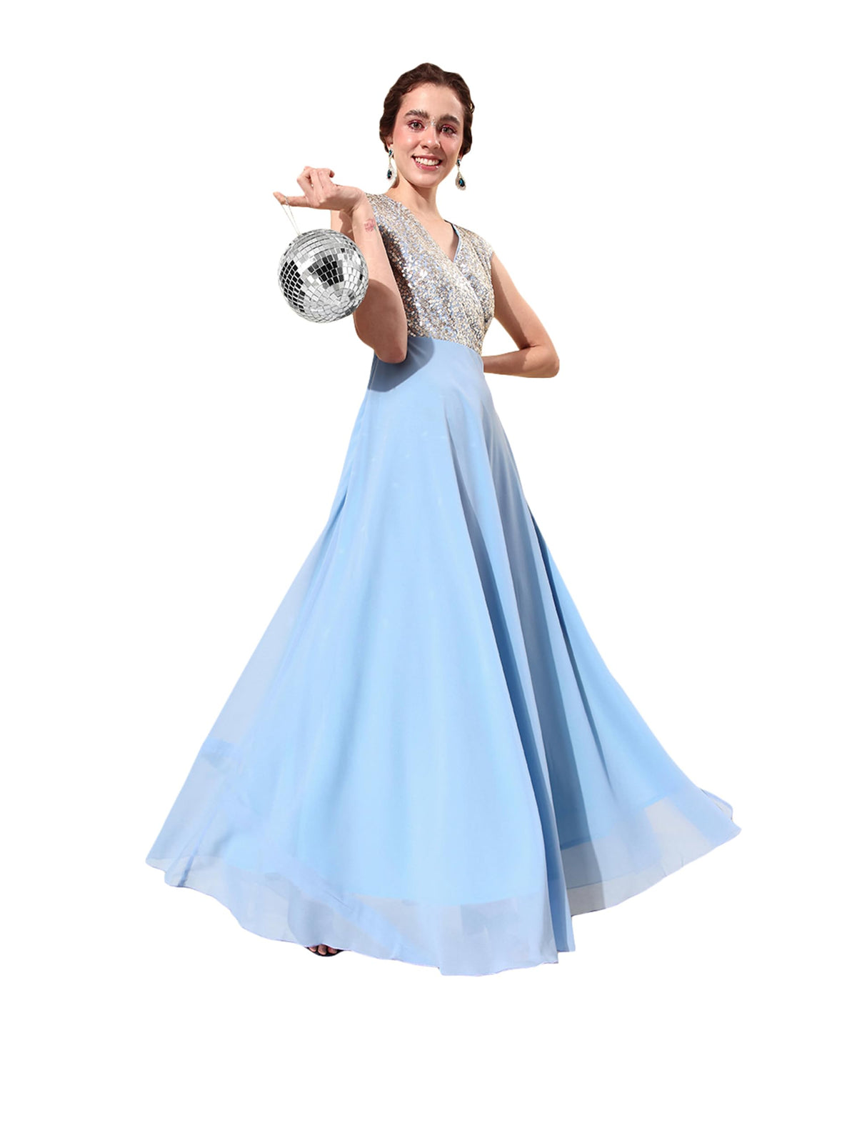 Miss Chase WomenS V-Neck Cap Sleeved Solid Wrap Maxi Dress (Mcaw22D99-88-273-04, Sky Blue & Golden, M)