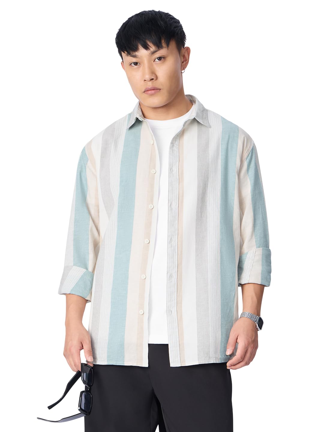 The Souled Store Cotton Linen Stripes: Prism Men and Boys Long Sleeve Collared Neck Button Front Regular Fit Cotton Linen Shirt