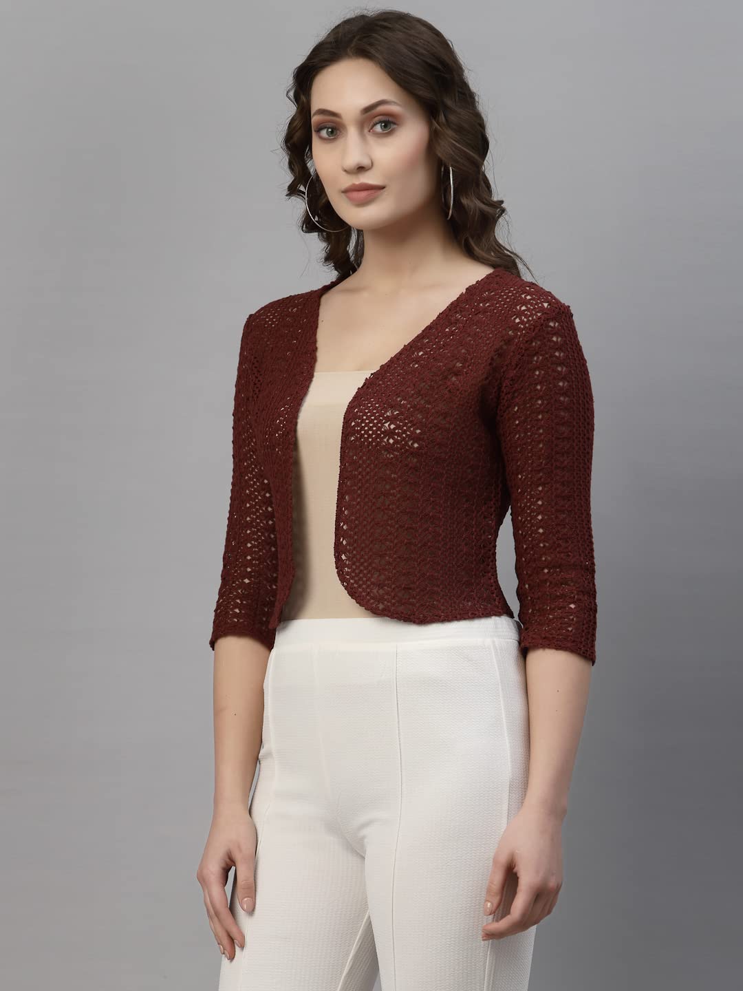 Style Quotient Women Maroon Cotton self Design lace Crop Open Front Shrug