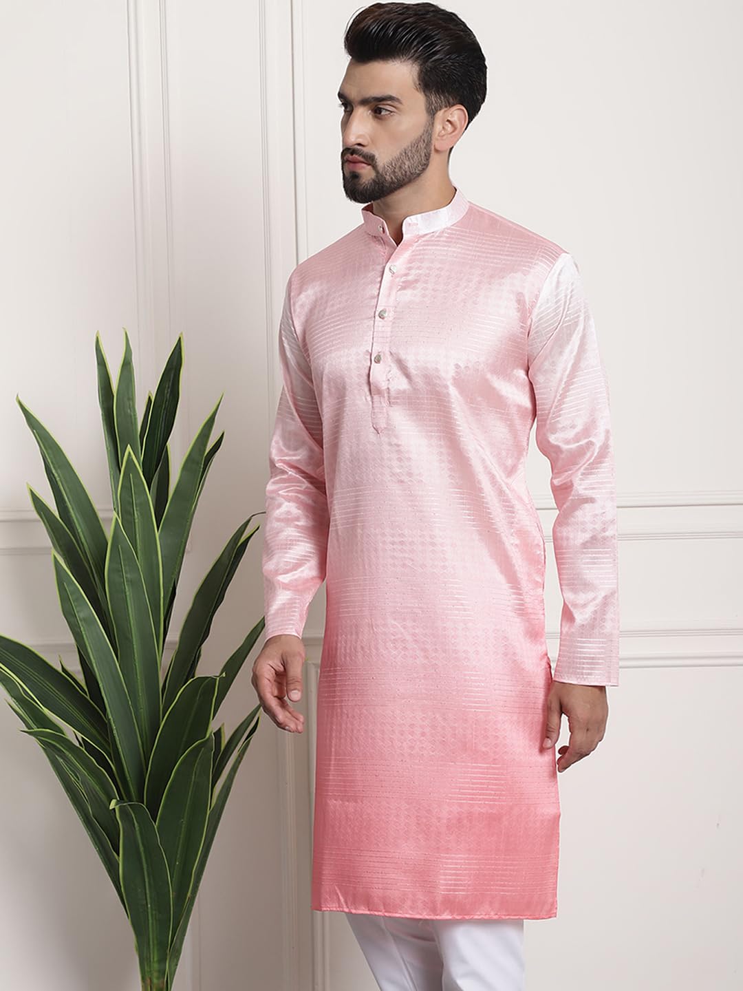 Sojanya (Since 1958 MenS Jacquard Silk Multi Shade Pink Color Kurta With Sequence
