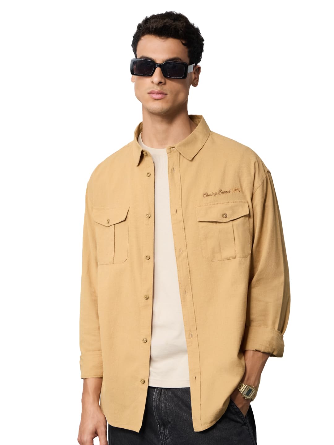 The Souled Store Cotton Linen: Chasing Sunset Men and Boys Long Sleeves Collared Neck Button Front Beige Embroidered Regular Fit