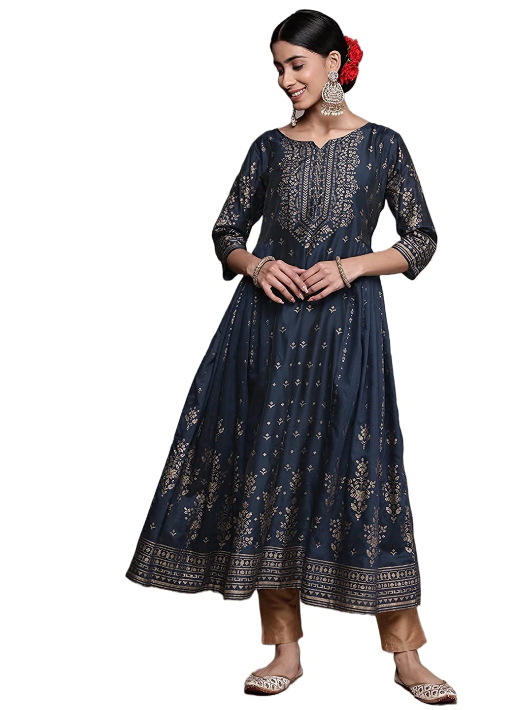 ishin Women's Silk Blend Teal Printed Anarkali Kurta