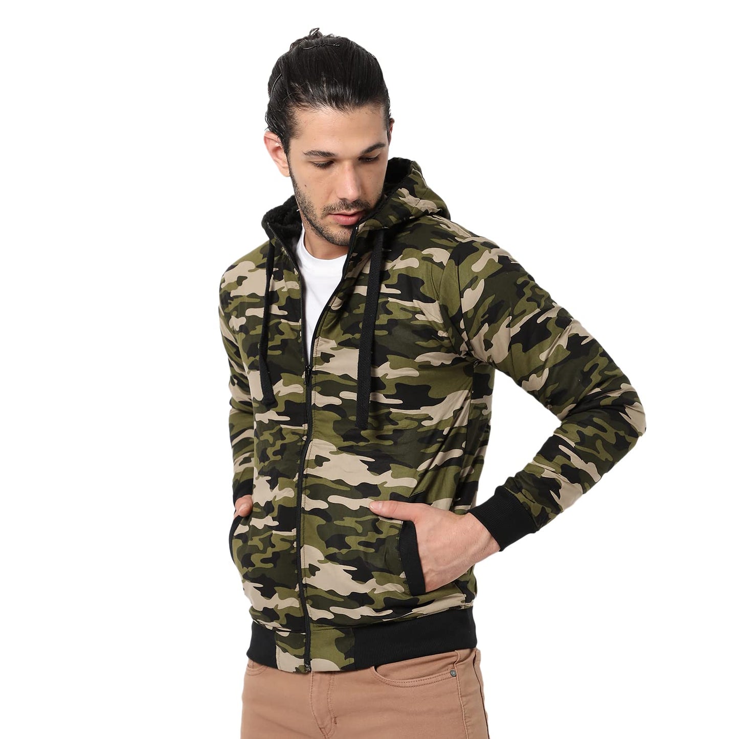 Campus Sutra Mens Olive Green Camouflage Regular Fit Cotton Jacket For Winter Wear | Hooded Collar | Full Sleeve | Zipper | Cas