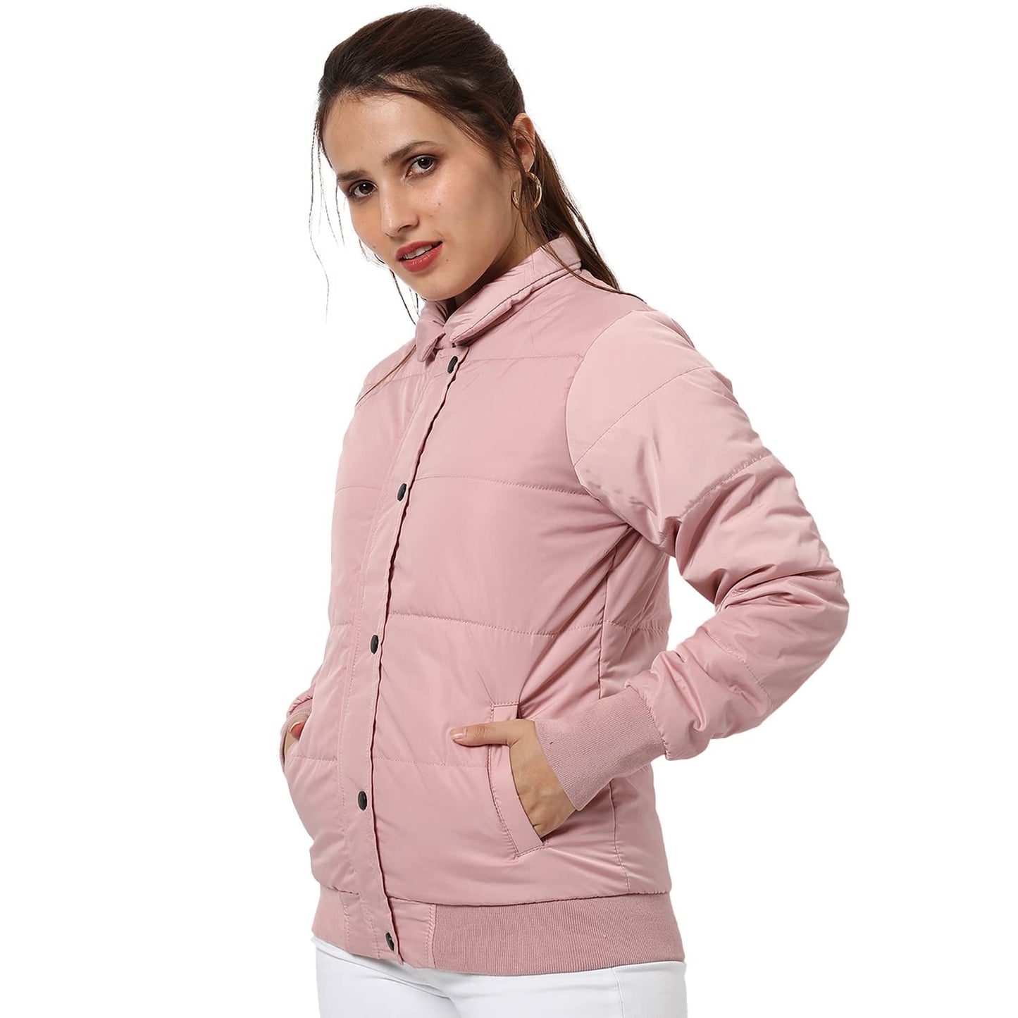 Campus Sutra Women Pink Puffer Regular Fit Bomber Jacket For Winter Wear | Standing Collar | Full Sleeve | Buttoned | Casual Jac
