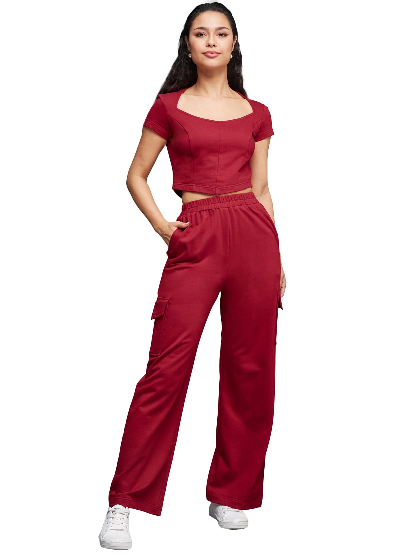 Miss Chase Womens Wide Neck Short Sleeve Solid Regular Length Flap Pocketed Cotton Panelled Co-Ord Set (MCSS23C01-10-143-06, Ma