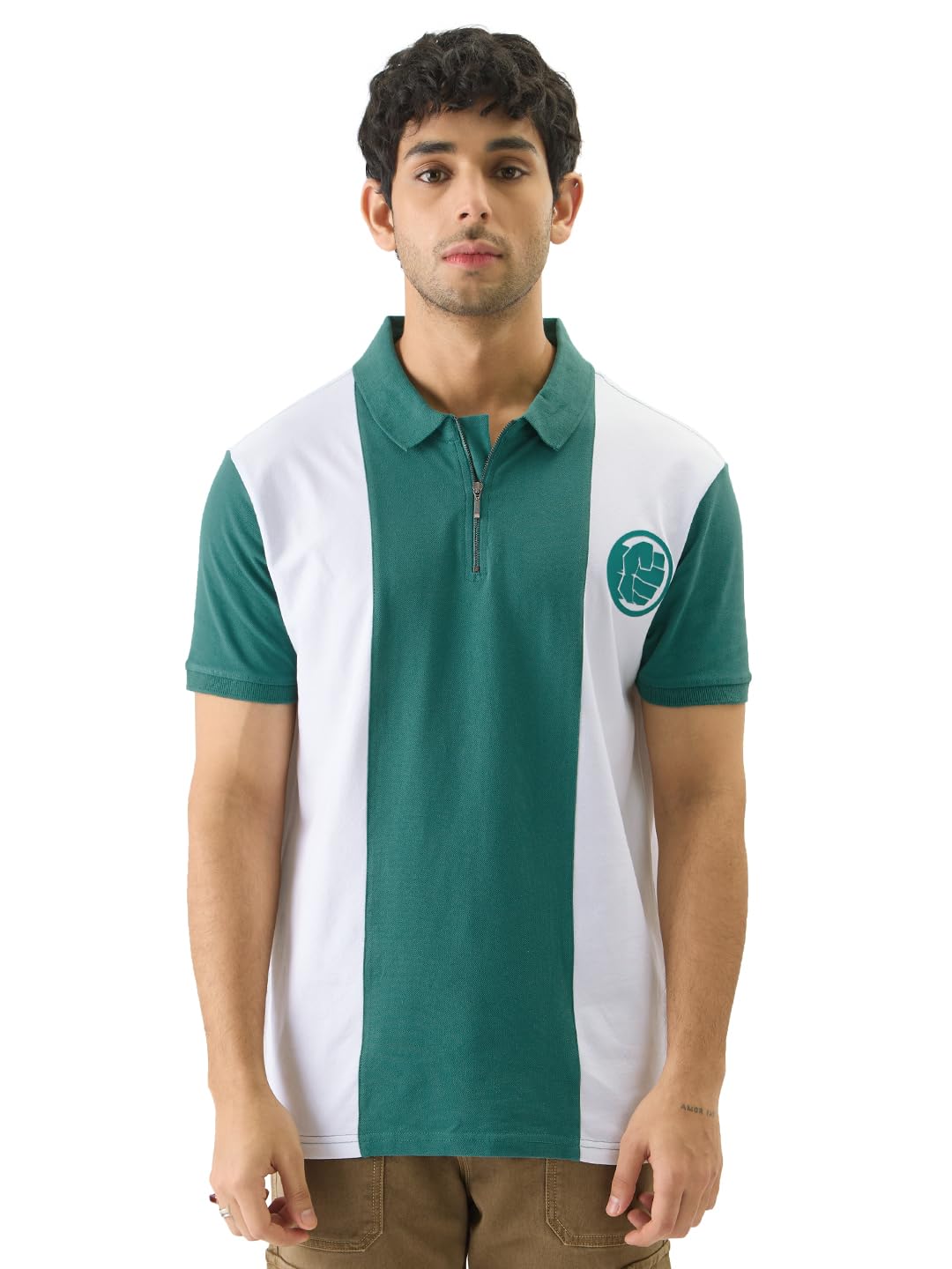 The Souled Store Official Hulk: Logo Colour Block Short Sleeve Collared Neck Green and White Regular Fit Cotton Zipper Polos for