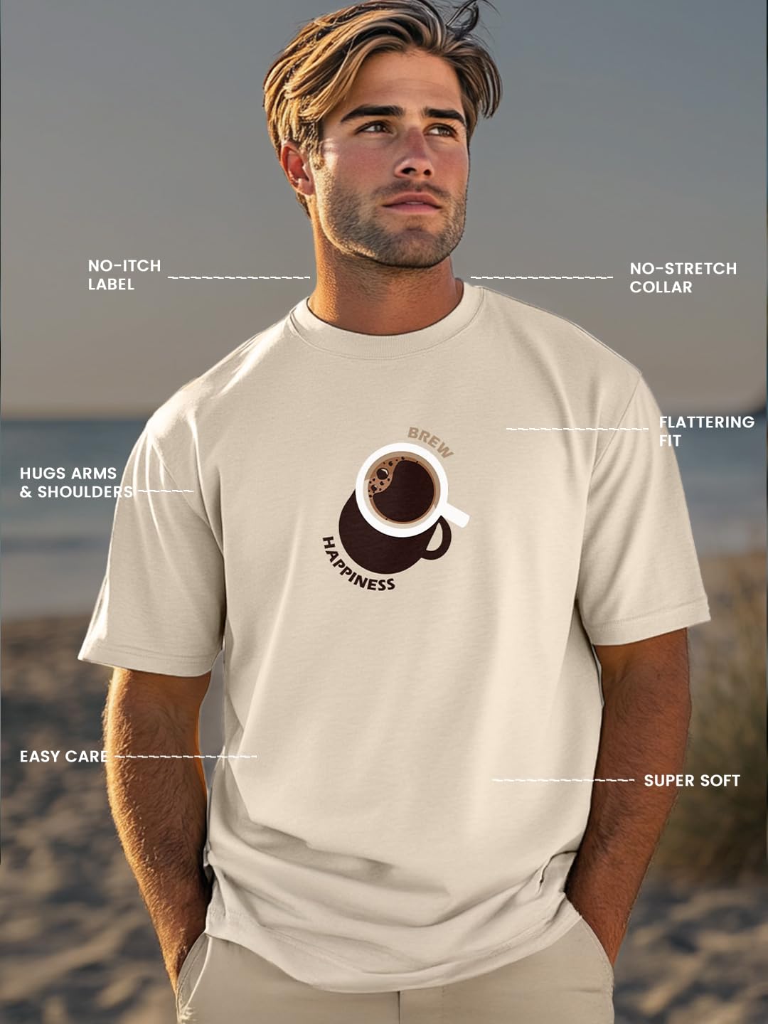 Nobero MenS Graphic Print Regular Fit T-Shirt (1M-Twts-C1030-Sa_Brew Happiness-Sand