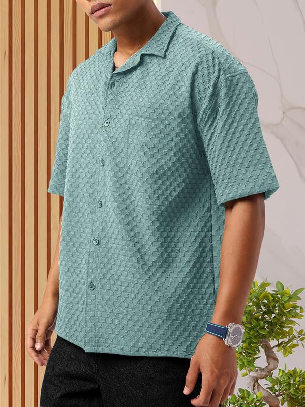Tee Projekt Mens Regular Fit Popcorn Shirt Half Sleeve Spraed Collar Shirt Mint Green
