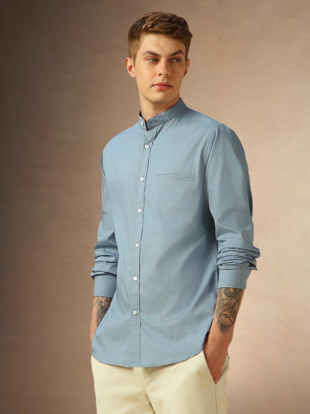 Dennis Lingo MenS Dusty Blue Full Sleeve Mandarin Collar Solid Regular Fit Casual Shirt