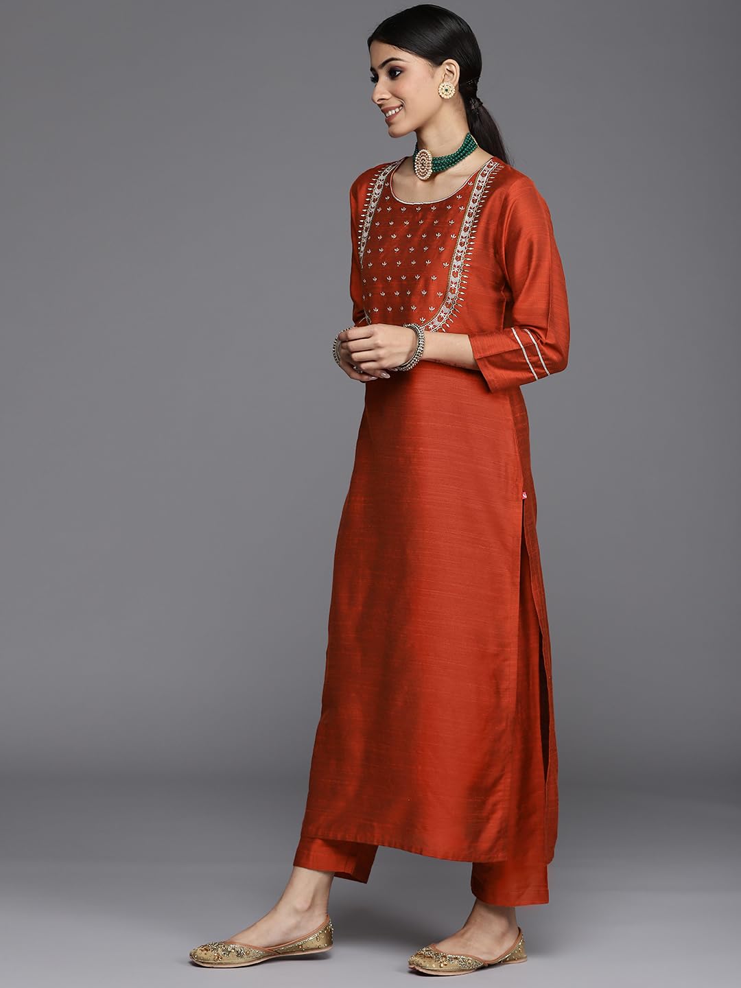 Varanga Women Maroon & Silver Embroidered Straight Kurta With Round Neck, Three-Quarter Sleeves, Paired With Solid Trouser And F