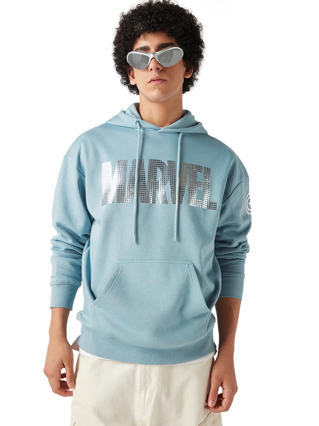 Bewakoof Official Marvel Merchandise Marvel Mens Typography Oversized Fit Full Sleeve Hooded Fleece Hoodies_648787_Blue_XL