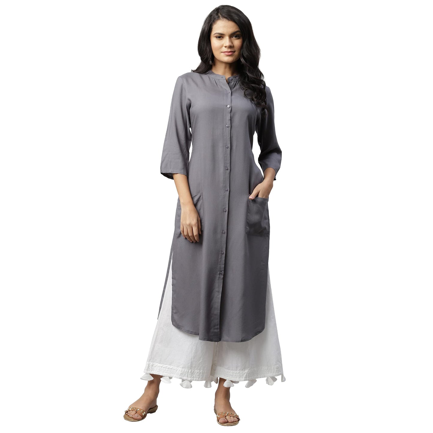 RIGO Women Grey Front Open Band Collar Straight Kurta