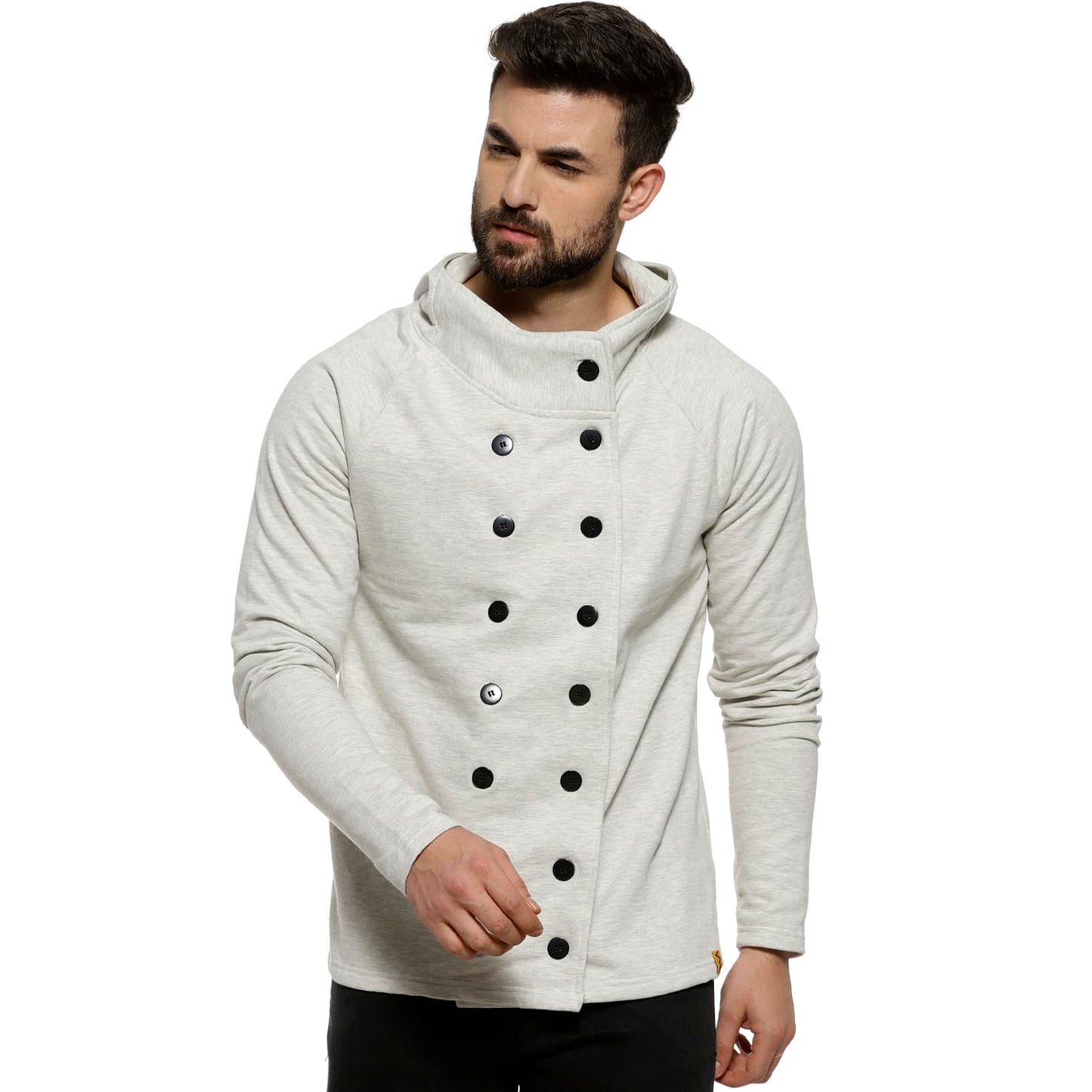 Campus Sutra Mens Grey Solid Cotton Jacket Regular Fit For Casual Wear, Collar With Hoodie, Double Breasted, Crafted With Comfor
