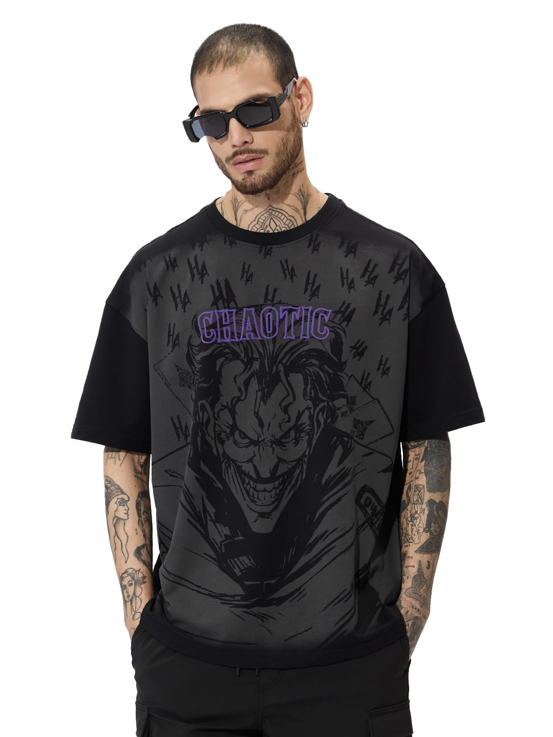 The Souled Store Official X-Joker Originals: Chaotic Oversized T-Shirt for Men Boys Cotton Casual Half Sleeves Baggy Loose Fit D