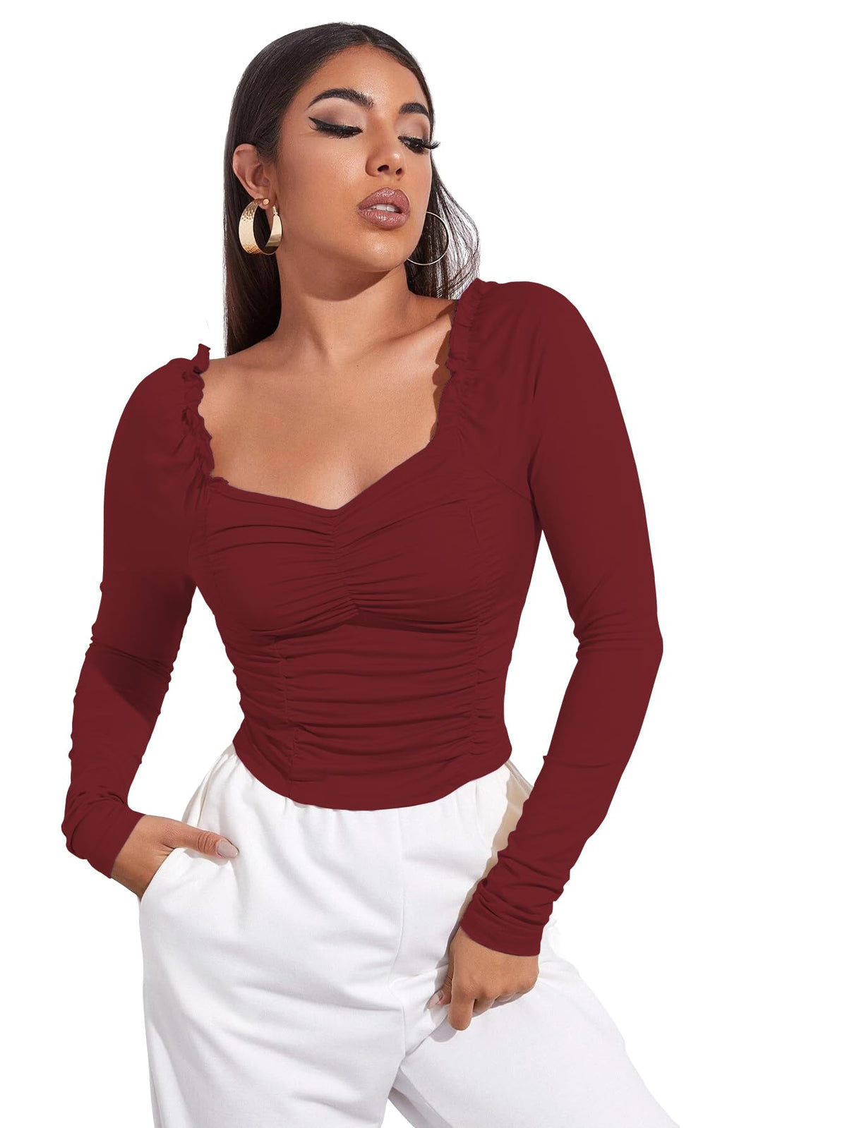 AVANOVA Womens & Girls Maroon Full Sleeve, Sweat Hear Neck, Frill Trim Ruched Crop Top for Women, Tops, T-Shirts for Girls (TO