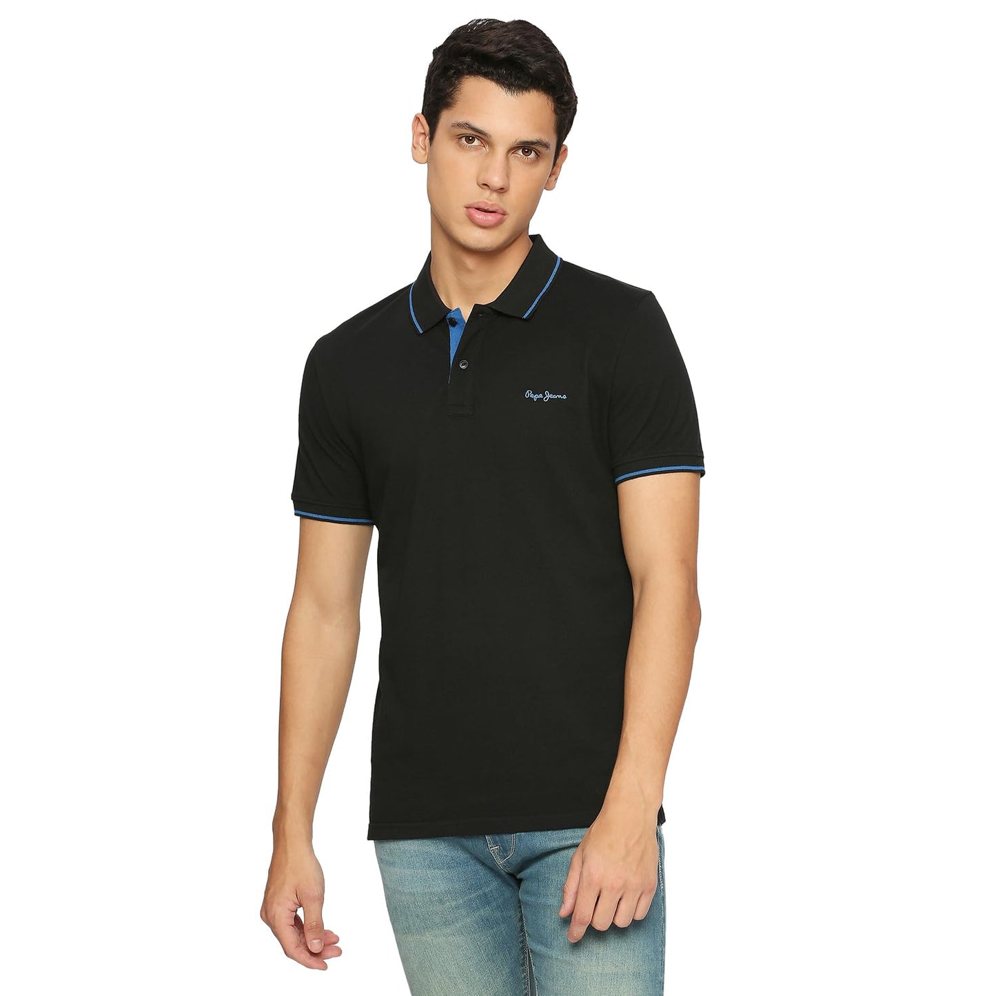Black Ribbed Collar Short Sleeved Polo