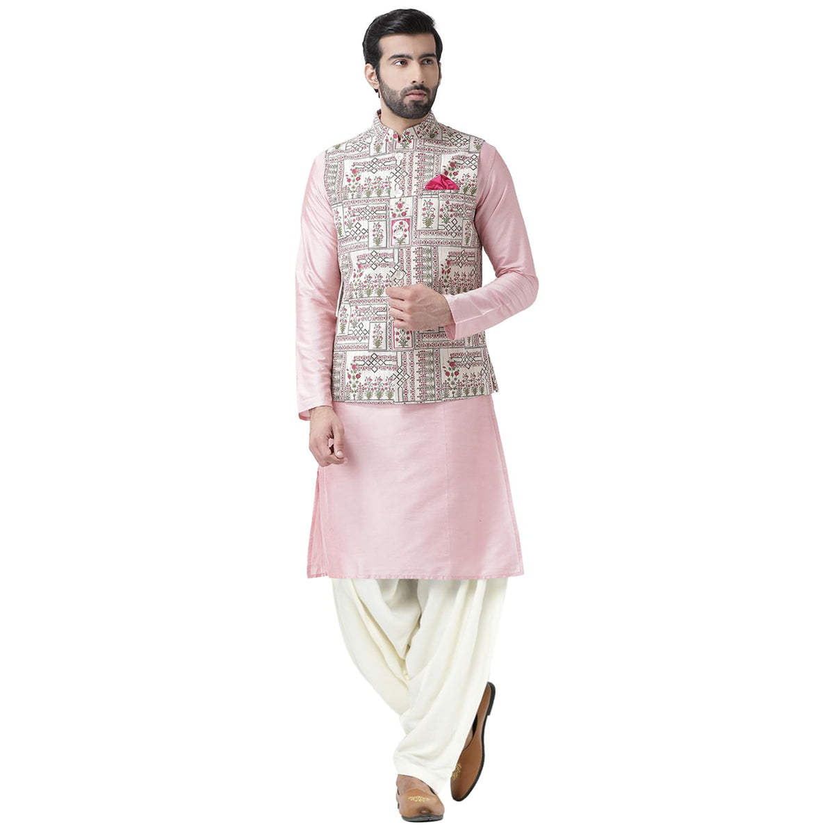 Kisah Men Pink Kurta With Pyjamas With Nehru Jacket, Full Sleaves, Knee Length, Straight, Regular Fit, Mandarin Collar Ethnic We