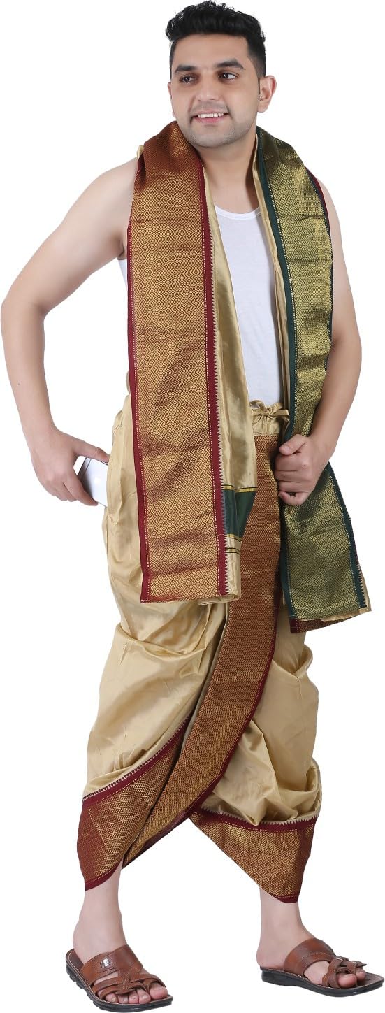 PRAKASAM COTTON Mens Asha Silk Panchakacham Ready to wear dhoti towel set with pocket panjakejam dhoti with pocket readymade dho