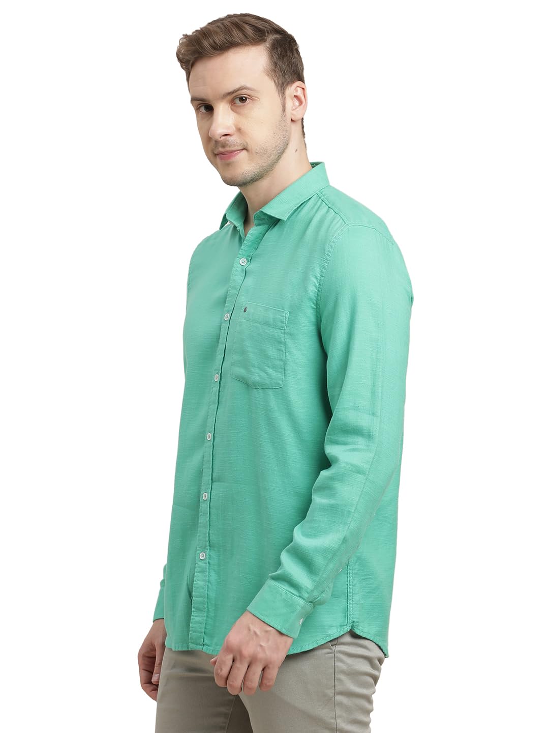Turtle Men 100% Cotton Slim Fit Turquoise Solid Full Sleeve Casual Shirt