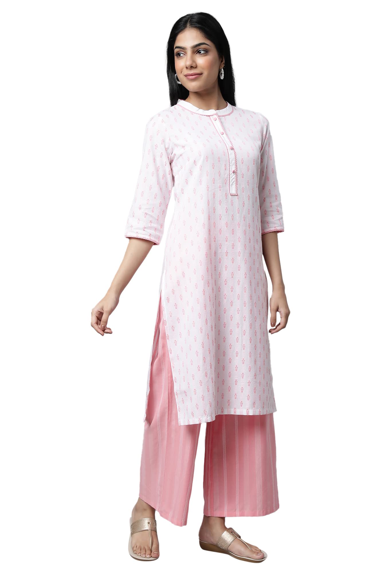 Light Pink Floral Dobby Kurta in Band Collar (Size: XS)-24FEA13796-701989