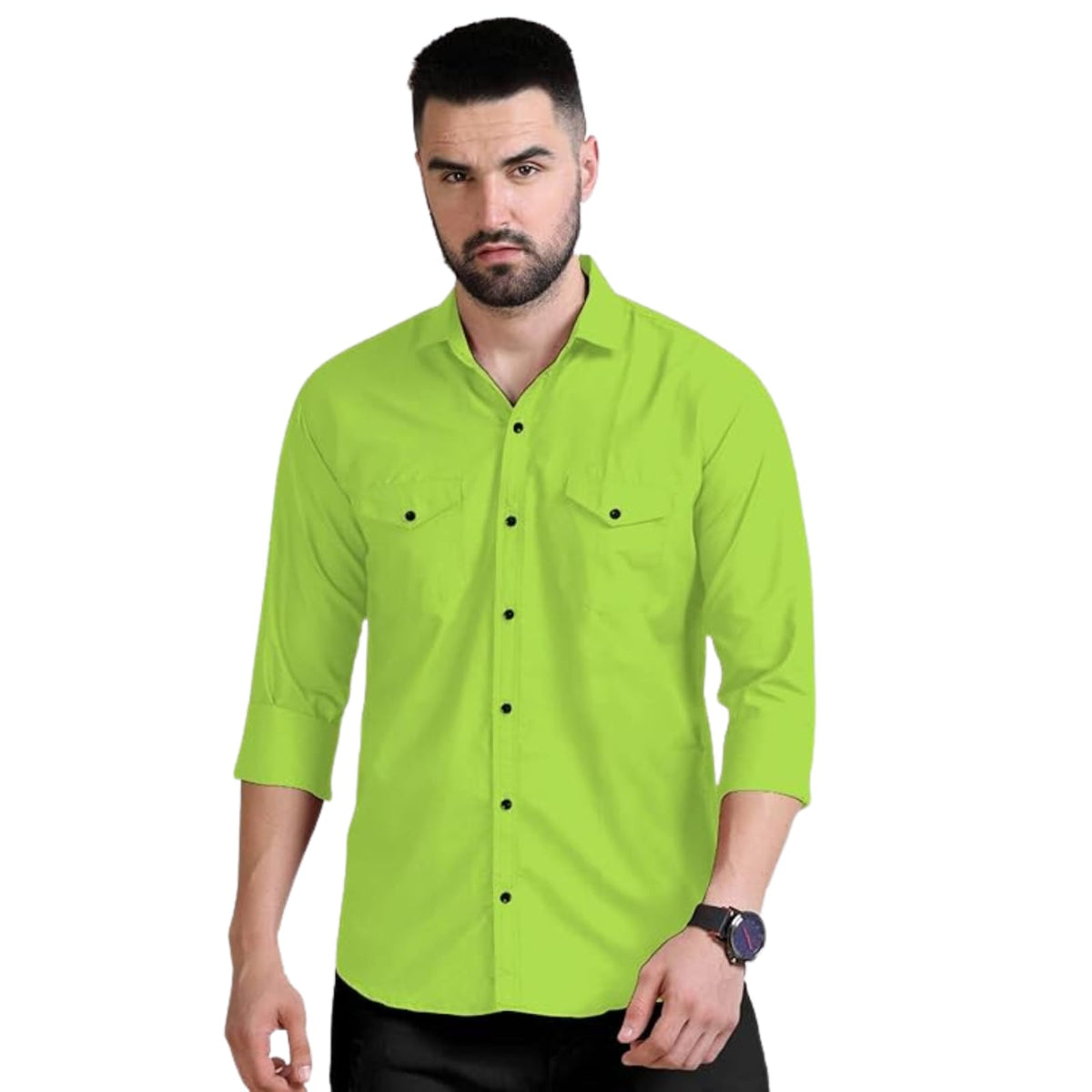 Rebelify MenS Double Pocket Shirt Classic Casual Cotton Blend With Adjustable Cuffs Pista