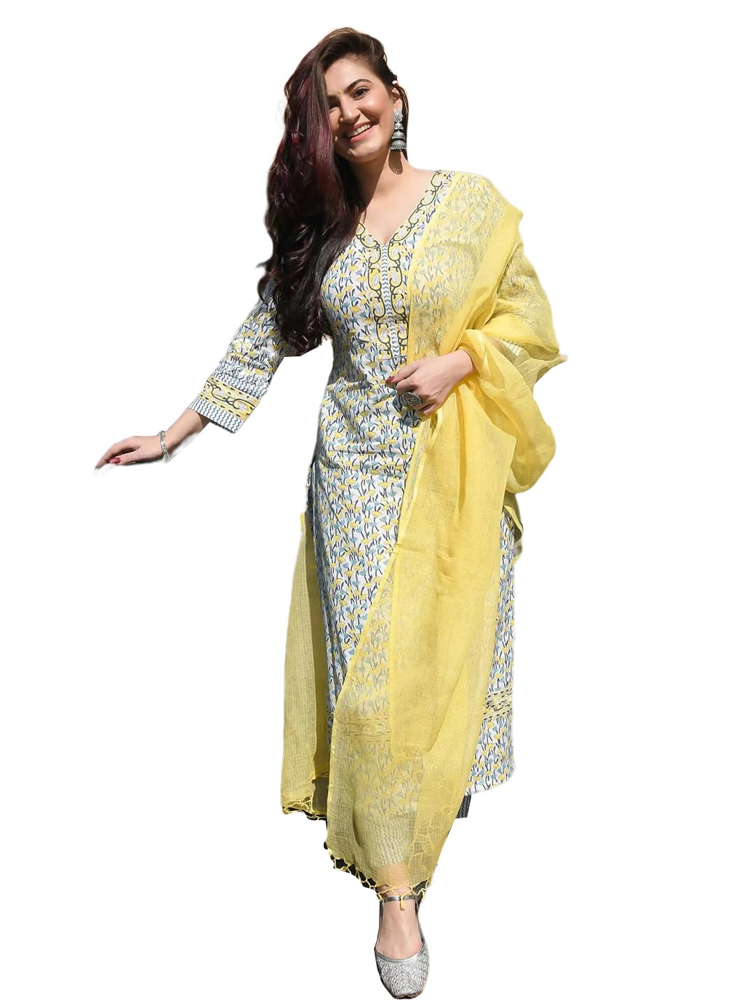 Pinkmint WomenS Cotton Blend Kurta Set L Stylish Printed Straight Kurta With Pant & Dupatta L Fancy Ethnic Set (Pack Of 1) Yell