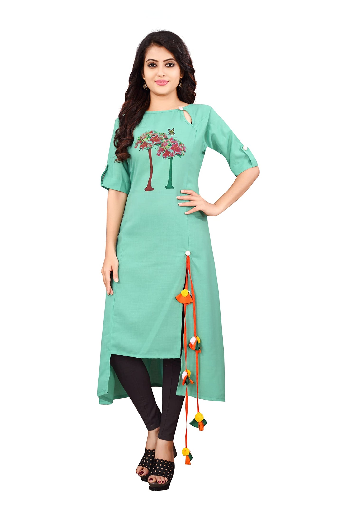 Leriya Fashion Women's Rayon Fully Stitched Printed Kurti/Kurta and Bottom Set with Pent (Leggings) for Women & Girls