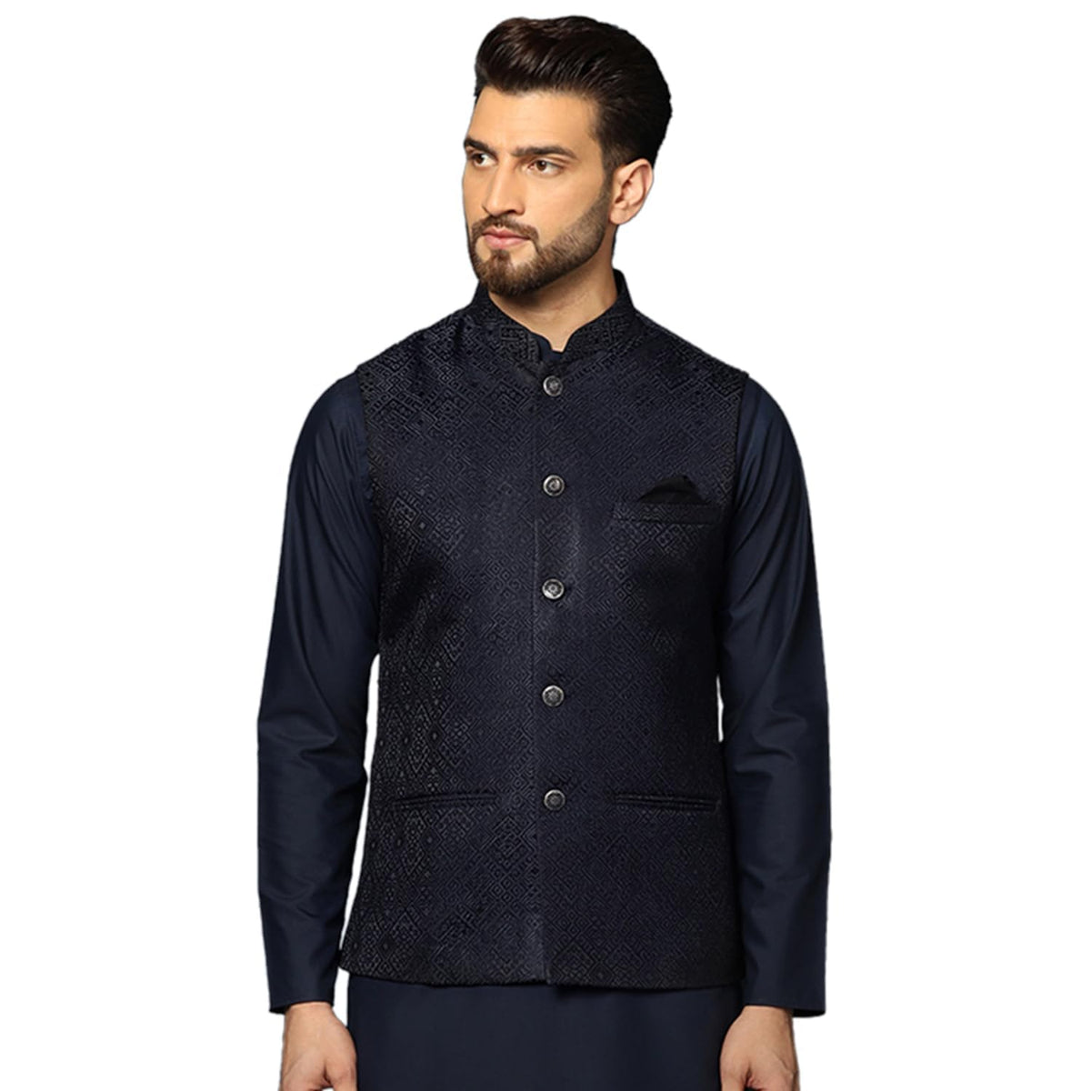 Kisah MenS Nehru Jacket Ethnic Festive Navy Blue Waistcoat Cotton, Regular Fit