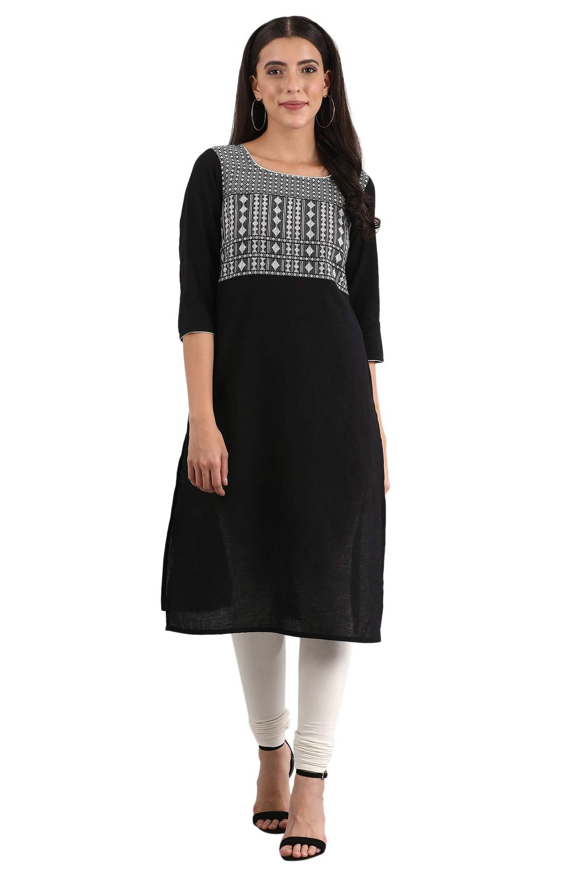 Aurelia Womens Cotton Blend Regular Fit Casual Yarn-Dyed Square Neck Regular Kurta