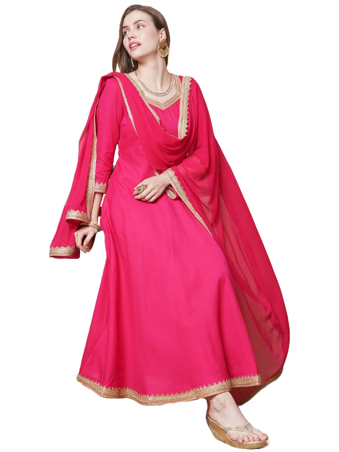 ANNI DESIGNER Womens Rayon Blend Anarkali Solid Kurta with Pant & Dupatta (Shyam PINK-VKS01_XL_Pink_X-Large)