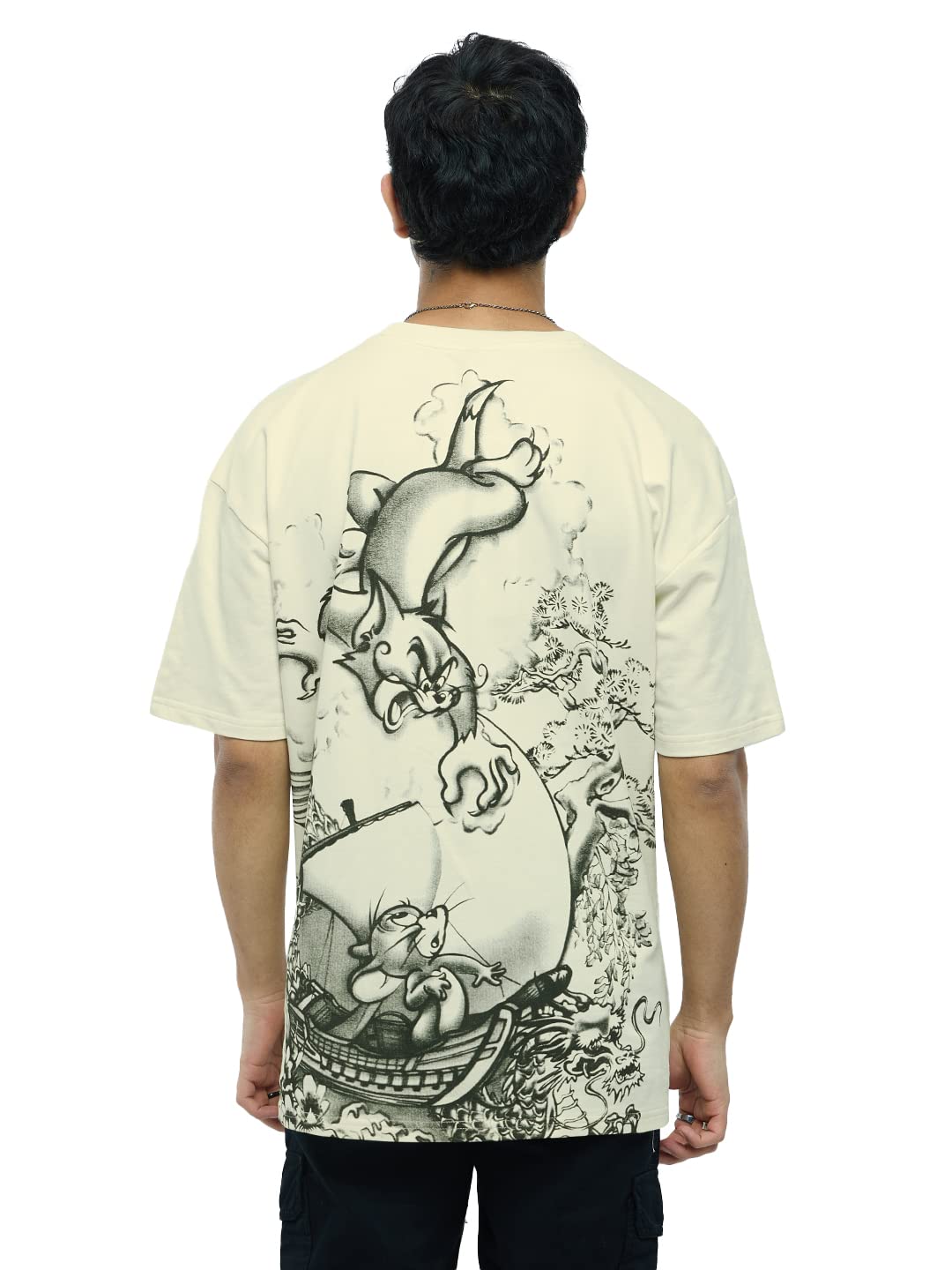 The Souled Store Official Tom and Jerry: Angry Tom Men and Boys Oversized fit Half Sleeve Cotton Off White Men Oversized T-Shirt