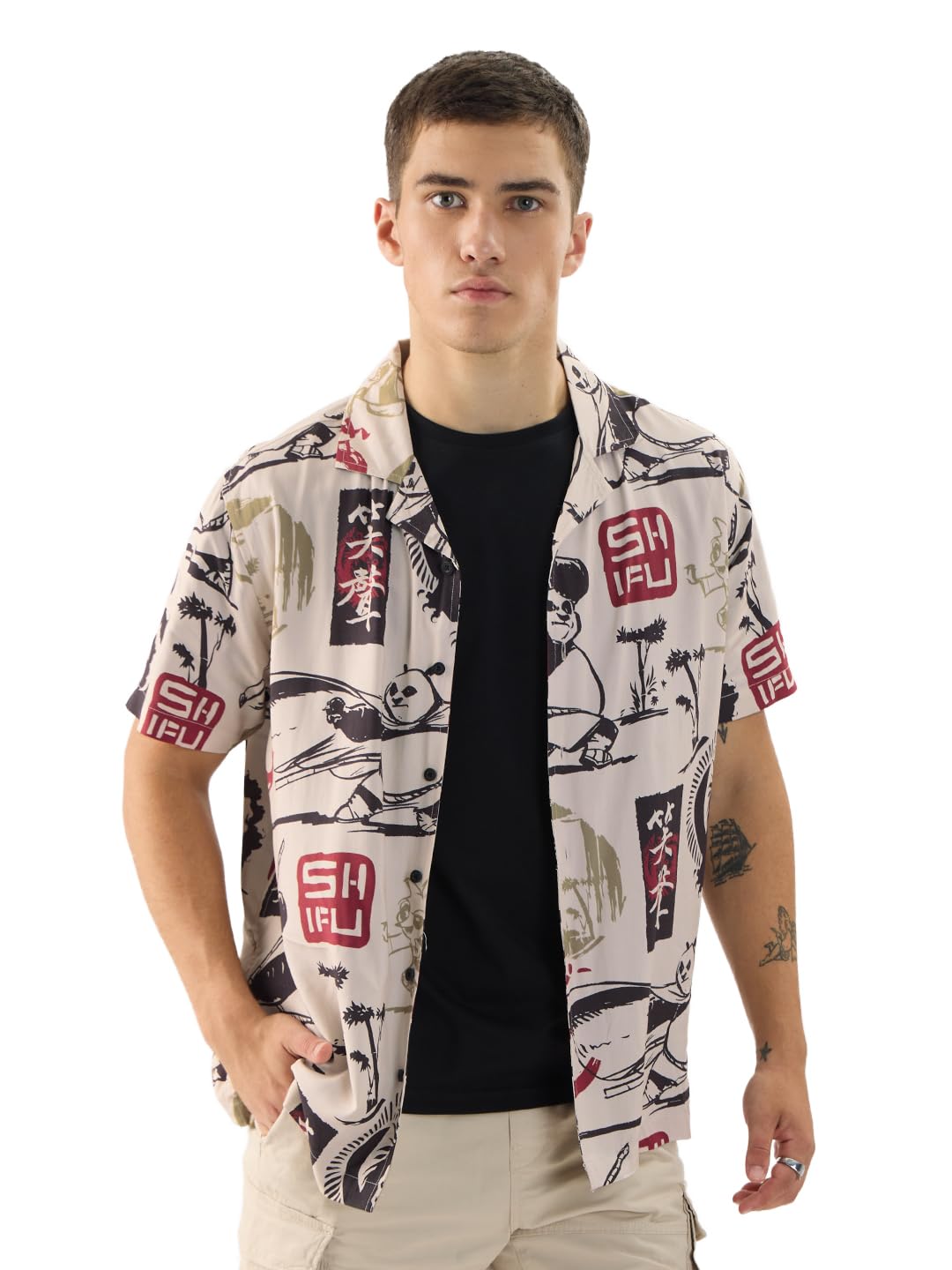 The Souled Store Official Kung Fu Panda: Sketchy Panda Men and Boys Short Sleeve Collared Neck Buttoned Front Regular Fit Rayon