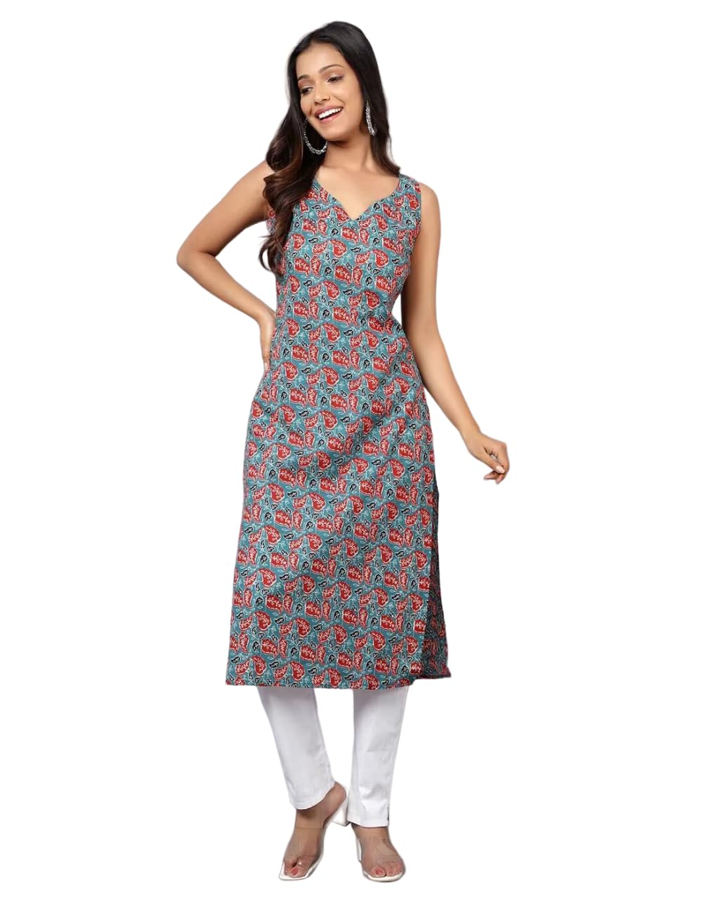 PATLANI Womens Cotton BLENED Sleeveless Printed Full Stitched Kurti.(k-199) Grey