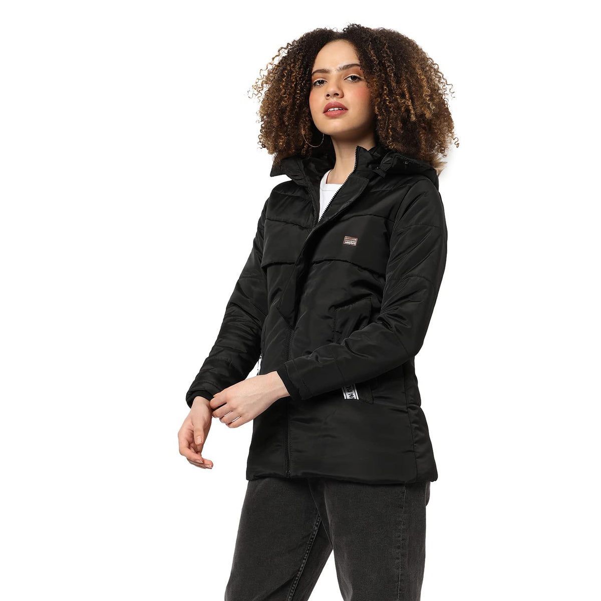 Campus Sutra Womens Black Hooded Puffer Regular Fit Bomber Jacket For Winter Wear | Standing Collar | Full Sleeve | Zipper | Ca
