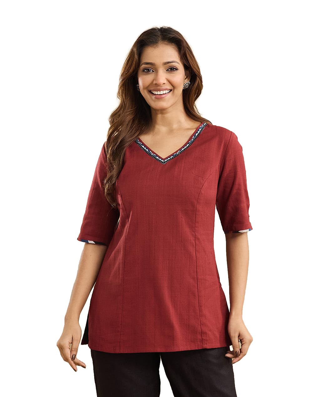 Fabindia Women's Maroon Cotton Check Slim Fit Short Kurta
