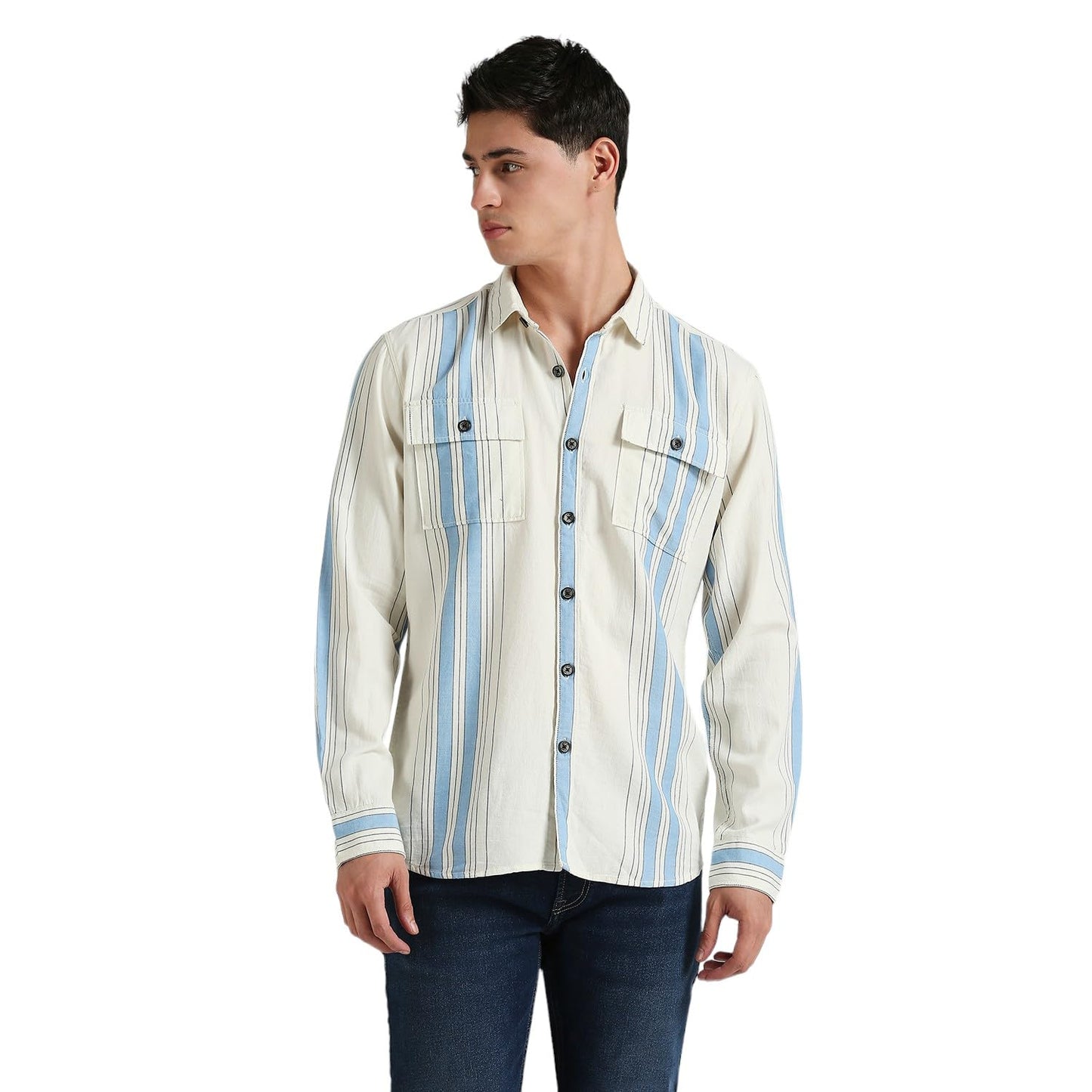 Pepe Jeans White Stripes Long Sleeve Double Pocket Shirt