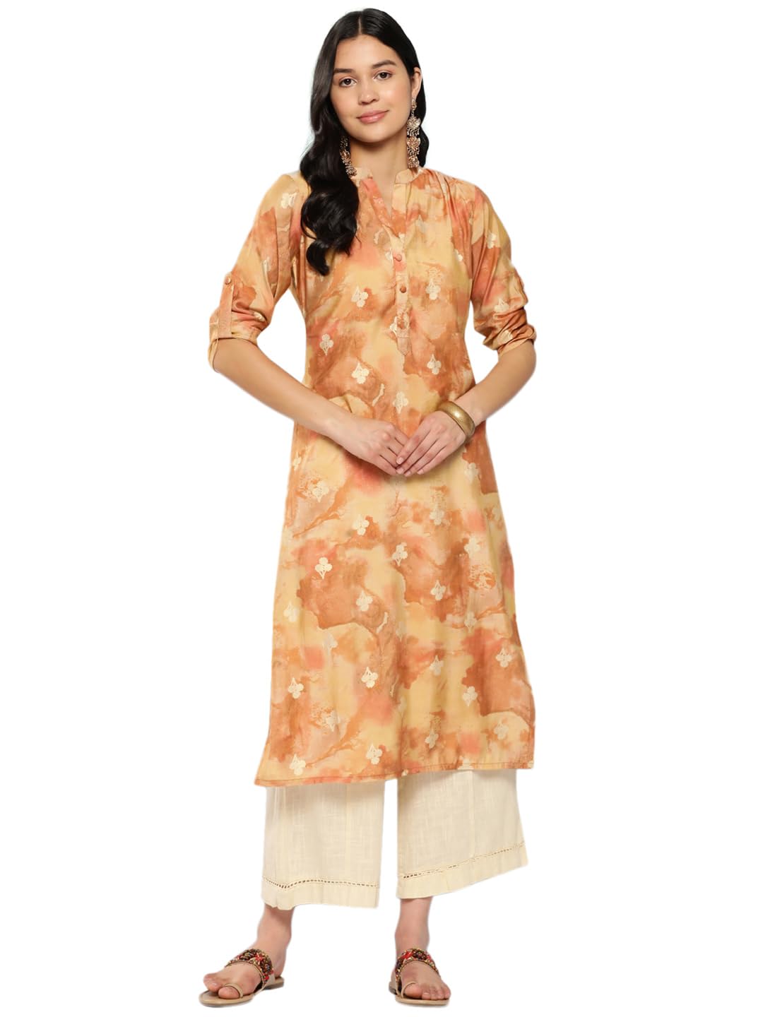 Libas WomenS Silk Printed Straight Kurta (26288_Brown
