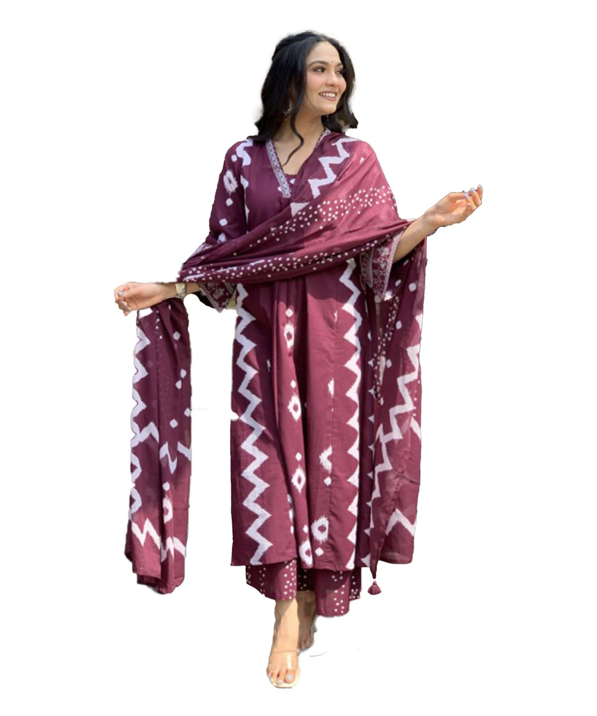 Lookmark WomenS Cotton Blend Zigzag And Dotted Print Kurta Plazzo Set With Dupatta Suitable For Every Indian Occasion (Az-Lm-Og