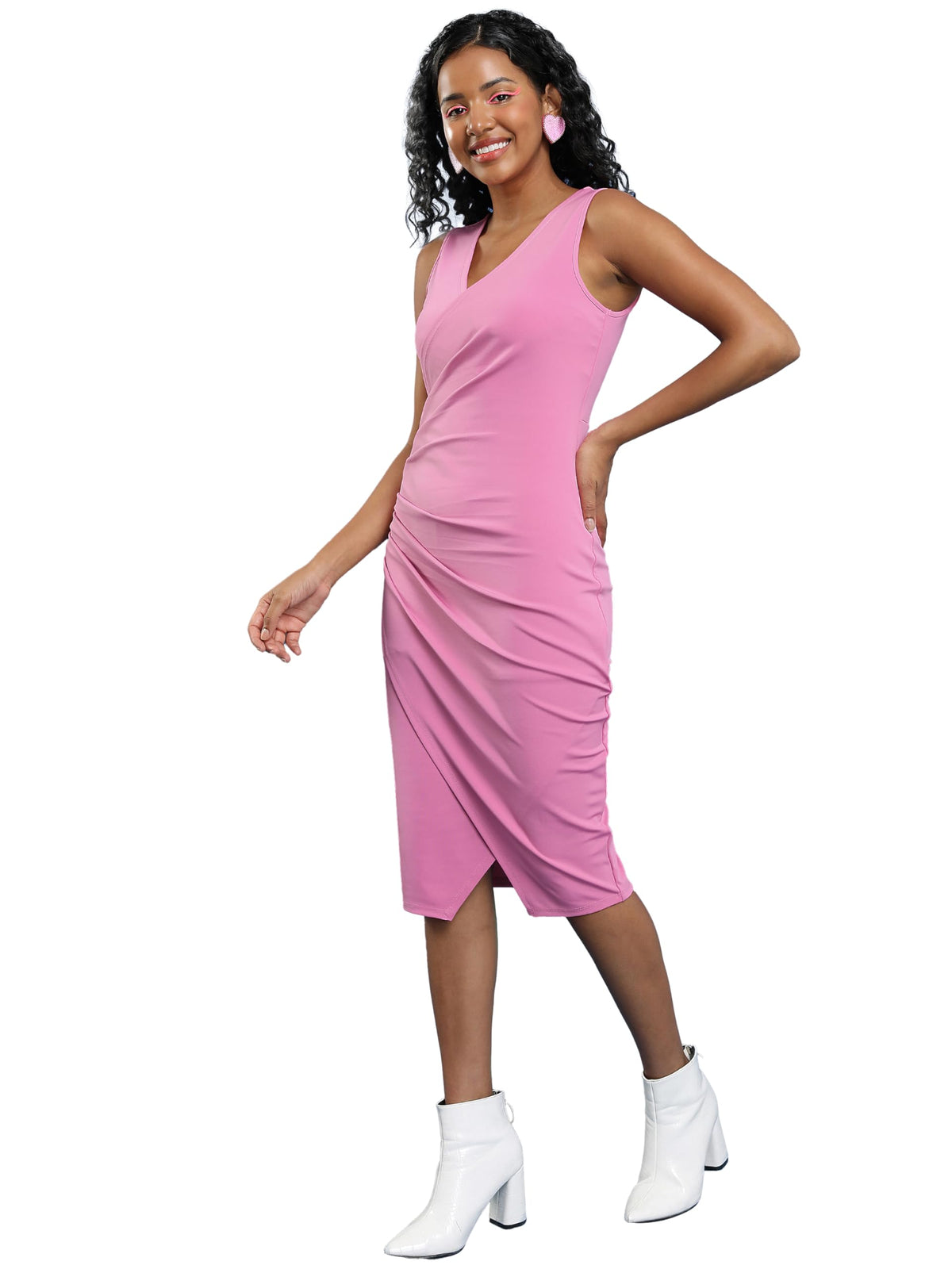 Ketch WomenS Cotton Blend Solid Pleated Wrap Front Dress Knee-Length Khj6000611_Pink