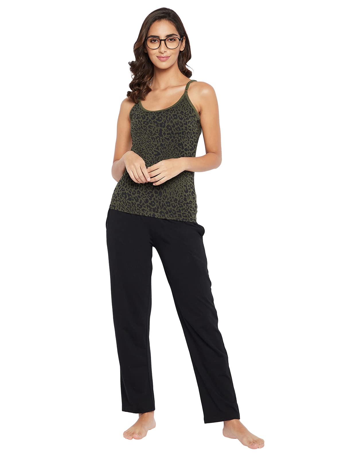 Clovia Womens Cotton Animal Print Camisole (CM0012P17_Green_L)