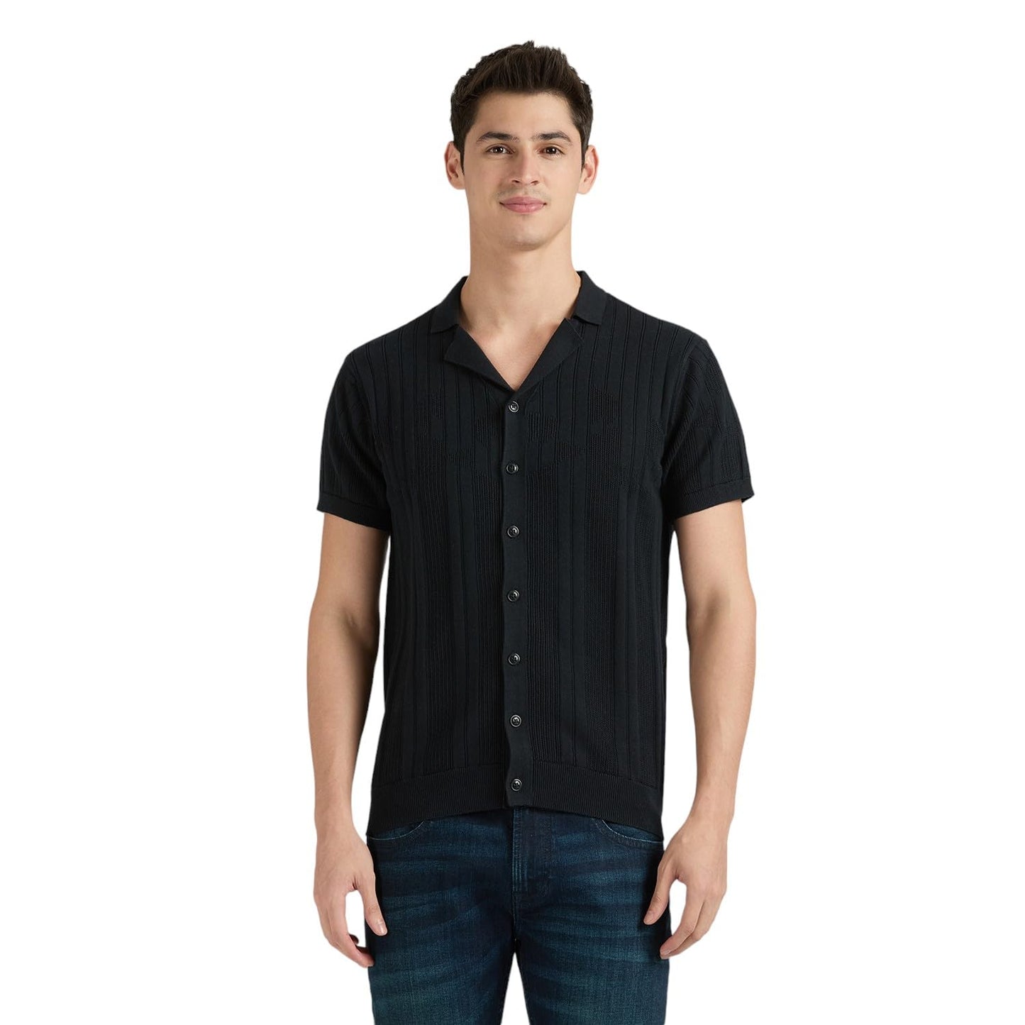 Pepe Jeans Black Ribbed Collar Full Sleeve Flat Knit Shirt
