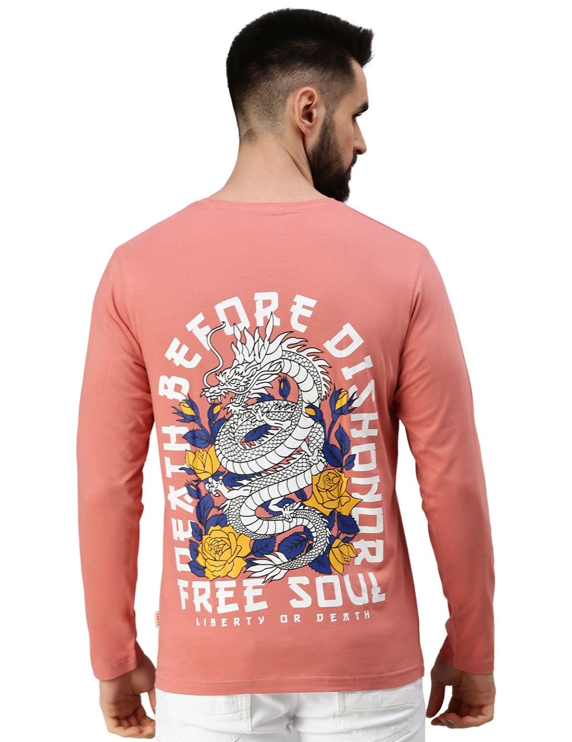 Veirdo Mens Cotton Full Sleeve Round Neck Soap Nut Graphic Printed T-Shirt Peach
